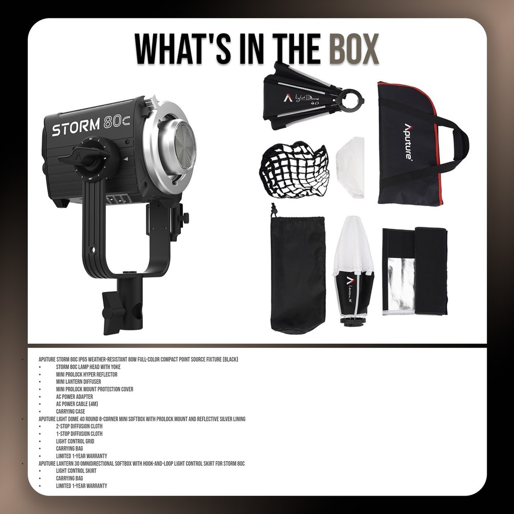 Aputure STORM 80c Point Source Fixture Light Dome 40 Softbox Bundle (Black)