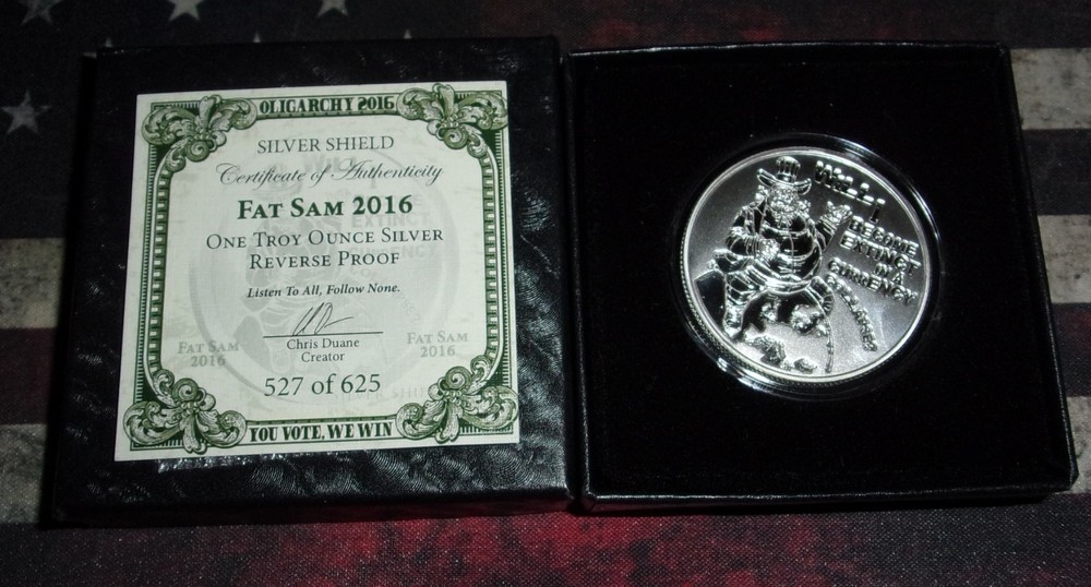 2016  Fat Sam Reverse Proof Silver Shield 1 Troy oz .999 Silver Round BOX & COA