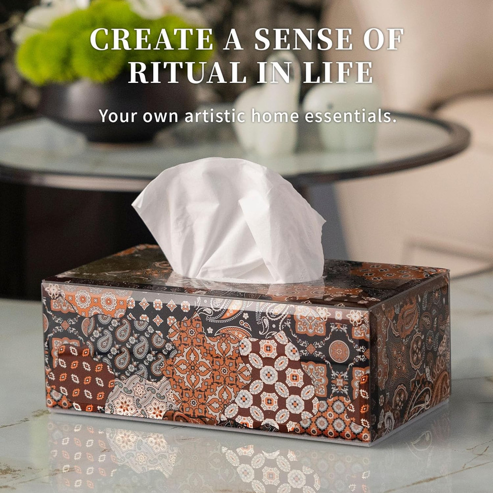 Glass Tissue Box Cover Rectangle-Patchwork Pattern (Brown) Decorative Tissue