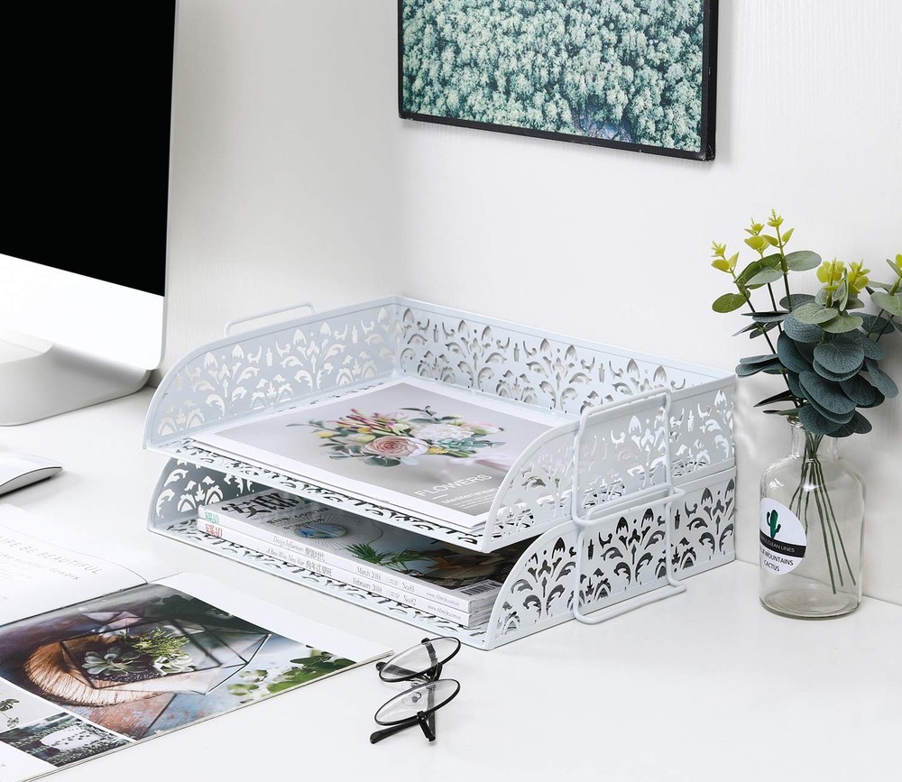 White 2-Tier Metal Desktop File Organizer | Stackable Letter Tray Paper Holder