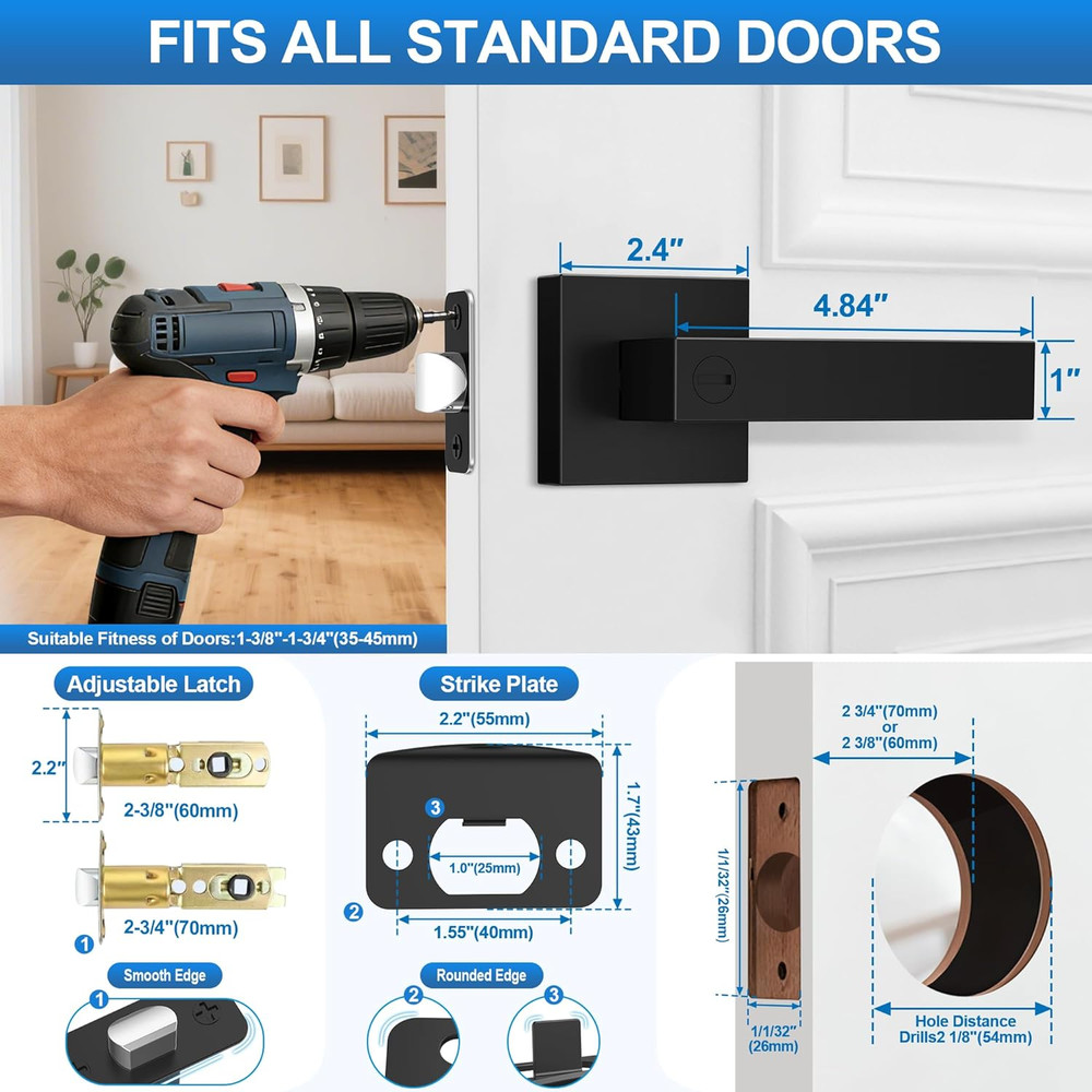 1 Pack Matte Black Door Handles, Keyless Interior Door Knobs, Privacy Door Lever