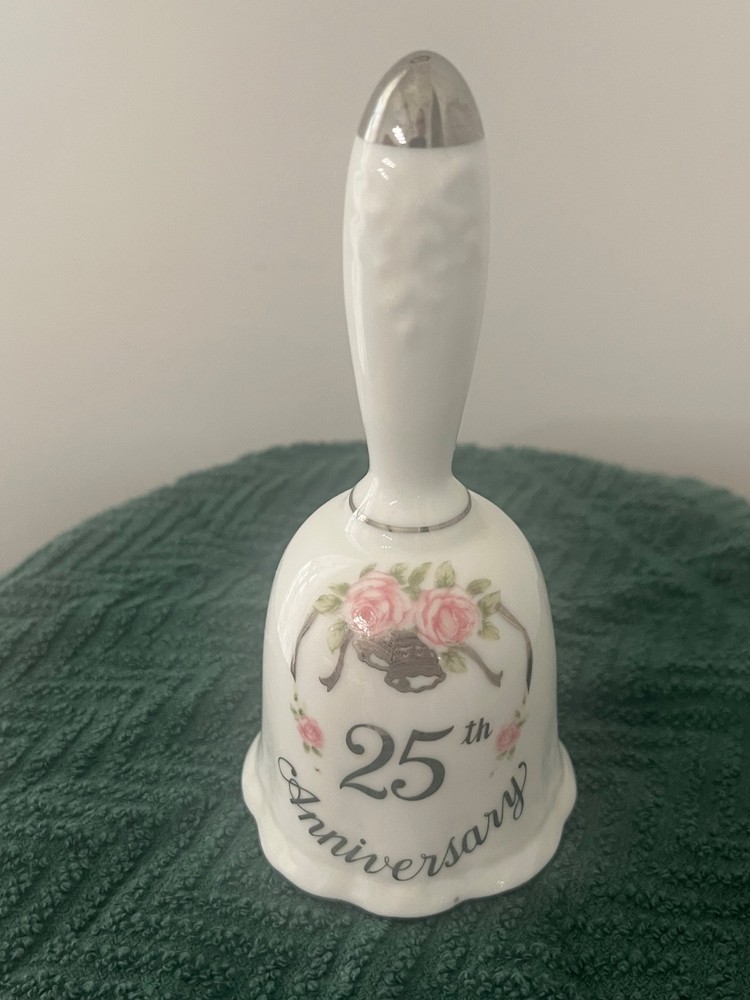 Lefton 25th Anniversary Bell white decorated with silver bells and pink bow