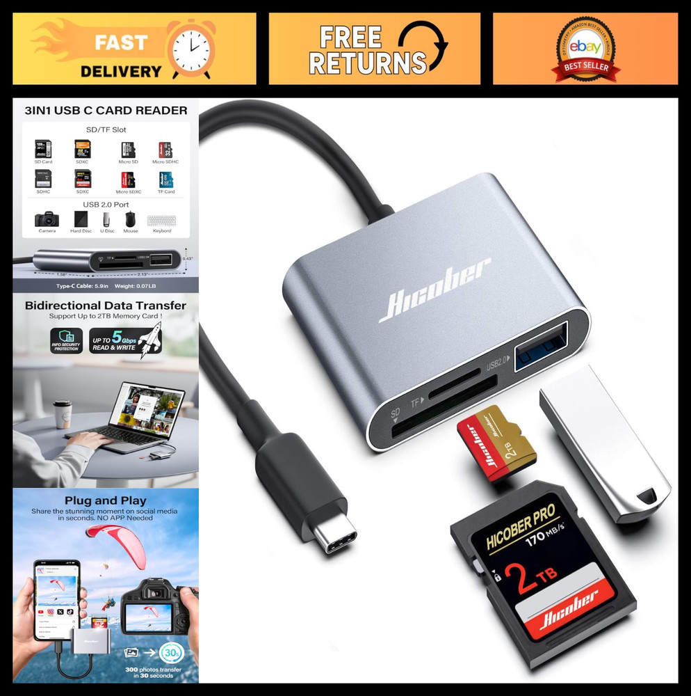3-in-1 USB-C SD Card Reader, 2TB Support, USB 2.0, Compatible with Android/iPhon