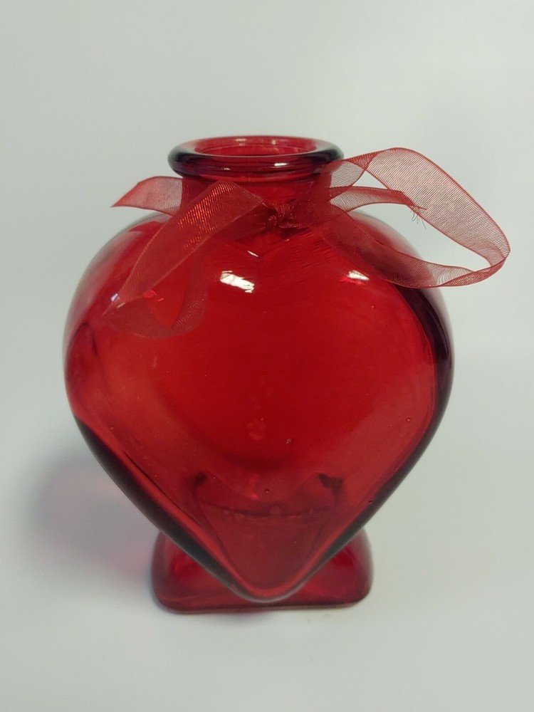 Beautiful Ruby Red Stained Heart Shaped Pressed Glass Bottles /Vases 5"