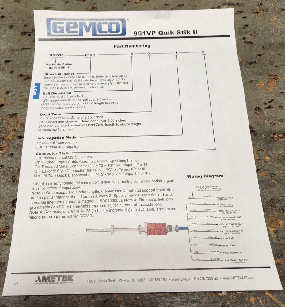 Ametek Gemco 951VP199224 Variable Pulse Transducer