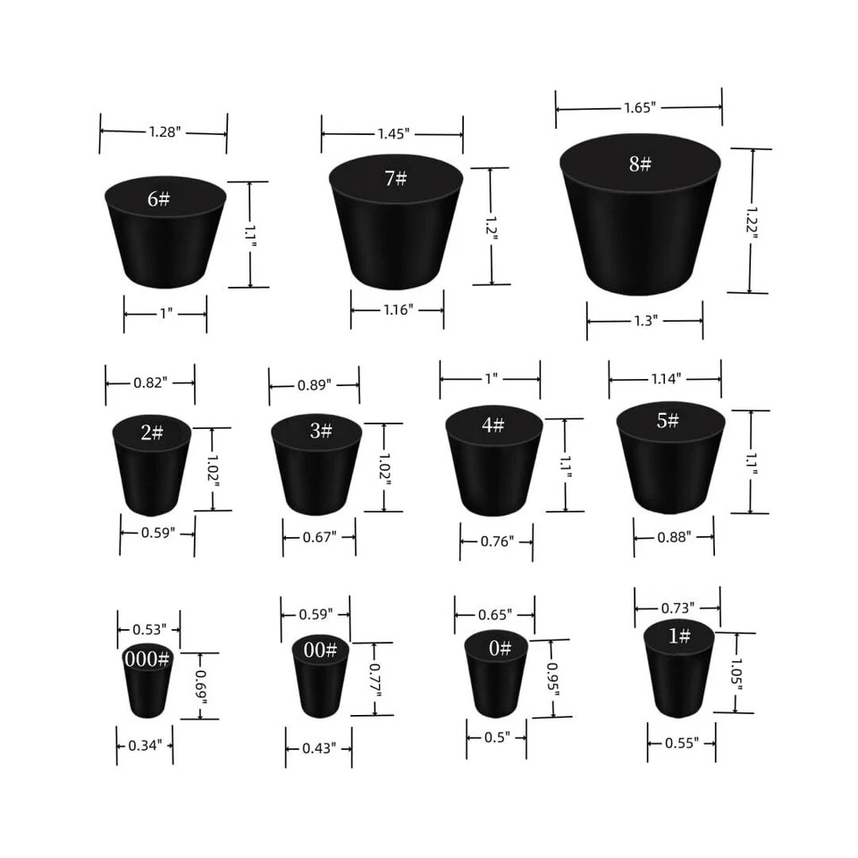 21 Pack Solid Rubber Stopper, Black Lab Plug, 000# - 8# Sizes Assortment, 11 ...