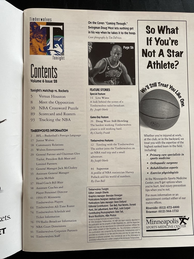 1995 Minnesota Timberwolves vs Houston Rockets Program: Doug West on Cover