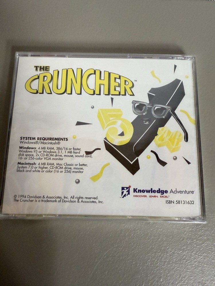 Vintage "Davidson The Cruncher" CD-Rom Windows/Mac 1994 (Sealed)