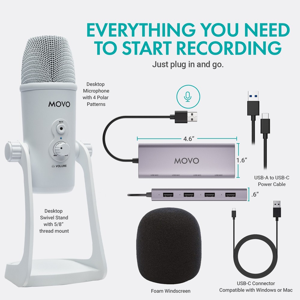 Movo White USB Podcast Equipment Bundle for Two