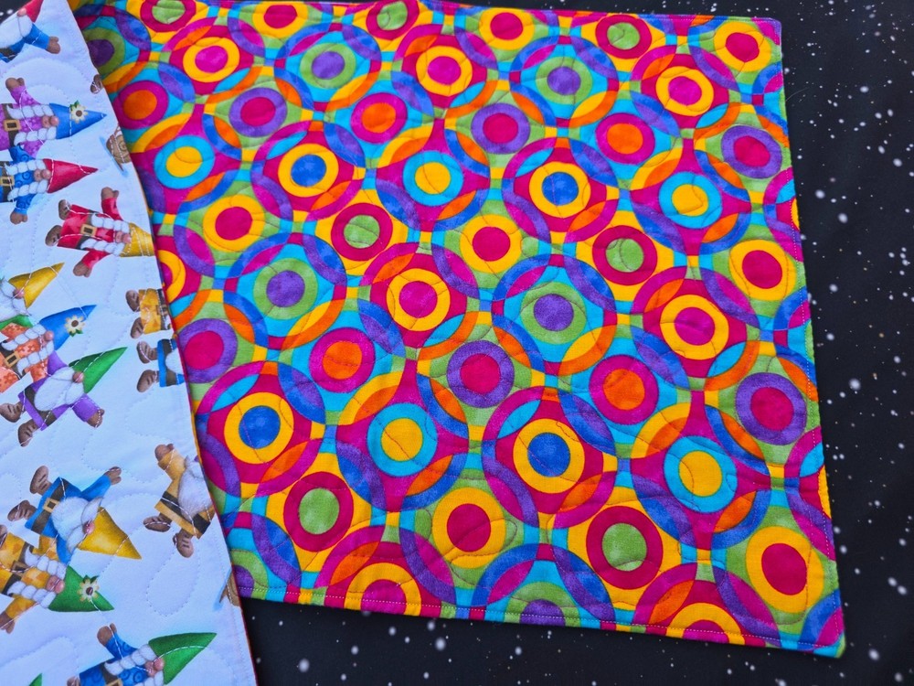 Handmade Quilted Table Runner Gnomes flowers summer rainbow reversible