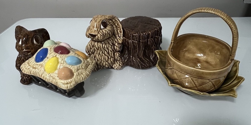 3 Vtg Ceramic Easter Bunny Candy Dishes And Basket