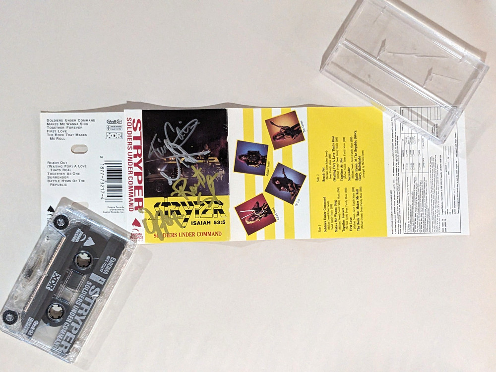 Stryper SIGNED CASSETTE Soldiers Under Command MICHAEL ROBERT OZ TIM autograph