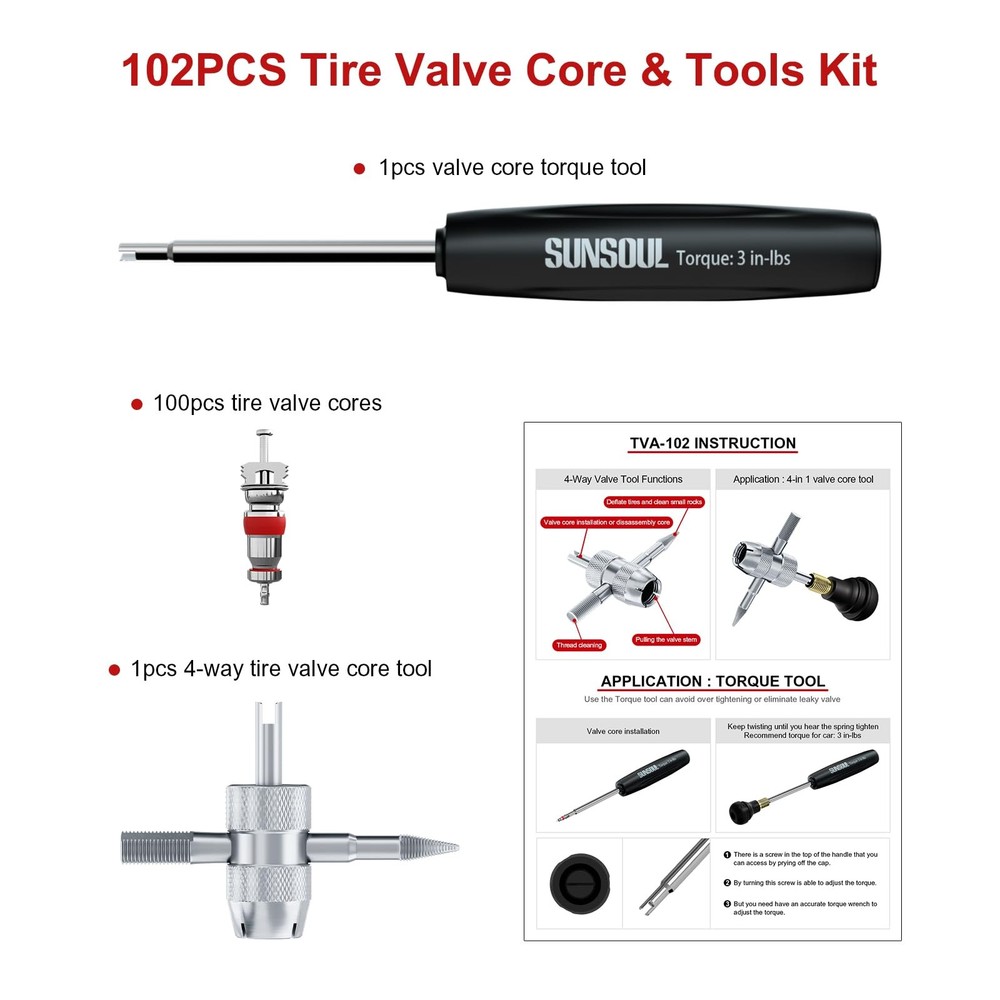 SUNSOUL 102PCS Tire Valve Core Kit, Include Torque Tool and 4-Way...
