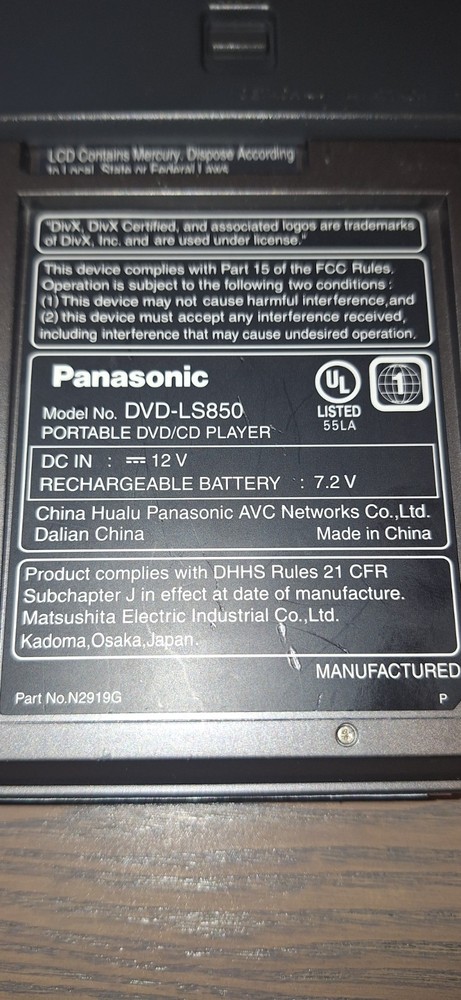 Panasonic DVD-LS850 Portable DVD Player, screen is broken