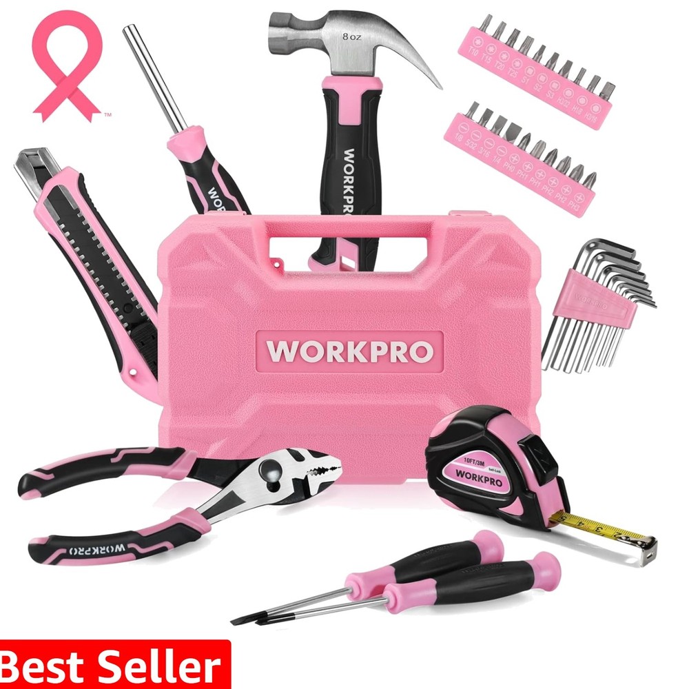 35-Piece Pink Tools Set, Household Tool Kit with Storage Toolbox, Basic Tool ...