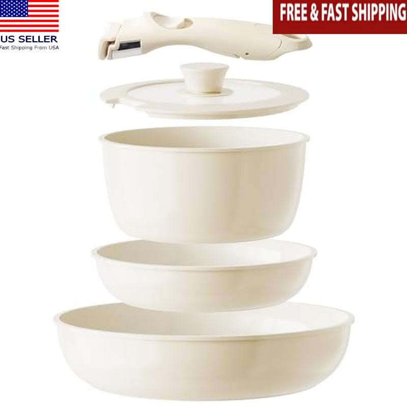 Nonstick Ceramic RV Cookware Set Stackable 5pc Pots & Pans Removable Handle New