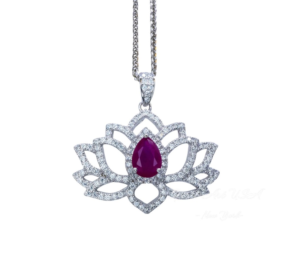 Ruby Necklace - Gemstone Lotus Flower Ruby Pendant - White gold @ Sterling