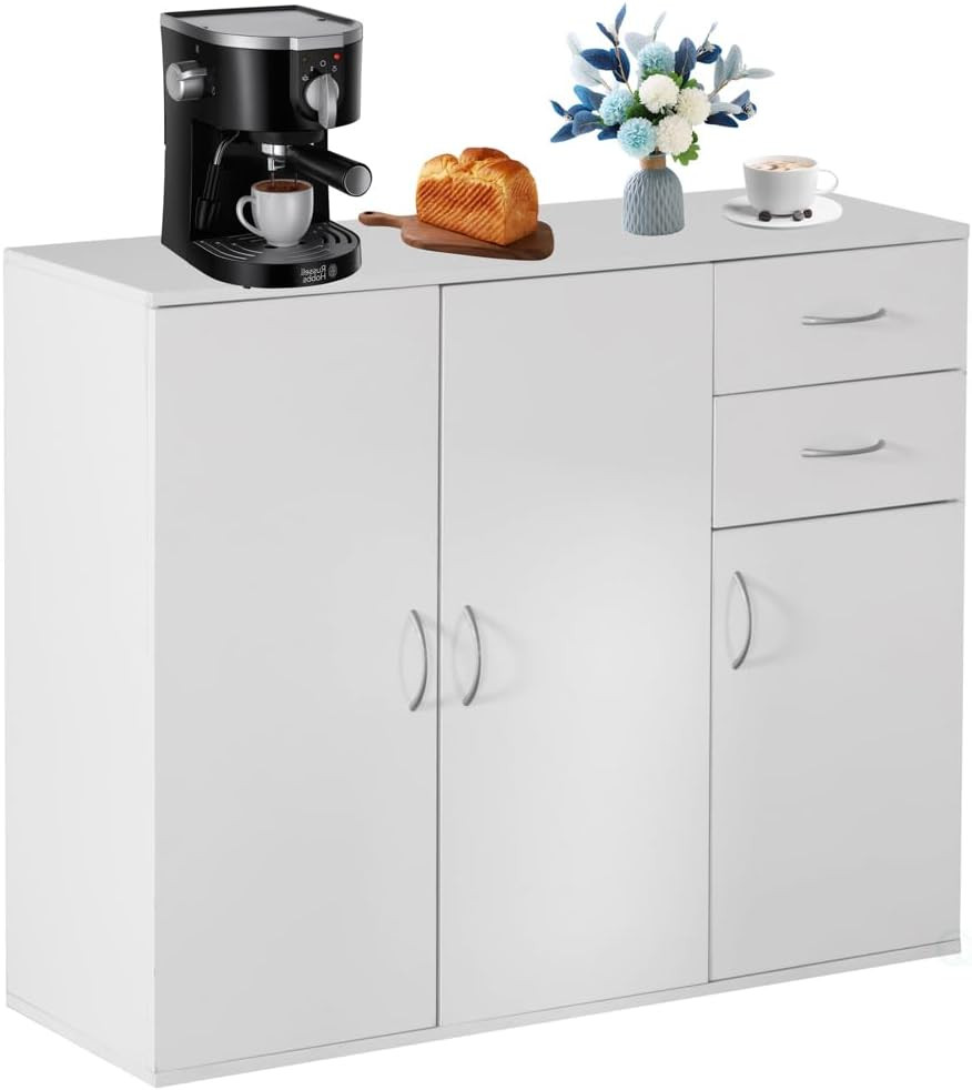 33-Inch White Sideboard Buffet Cabinet with Storage, Spacious Table Top, Large D