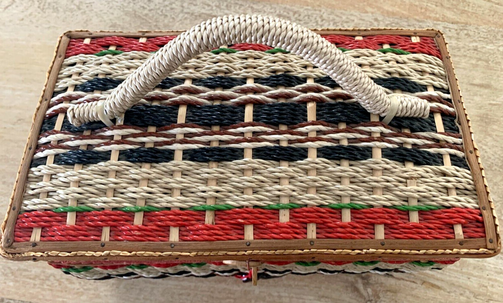 Vintage SEWING BOX Bright Plastic Wicker Mending Kit w/ Silk Lining, Horn Clasp