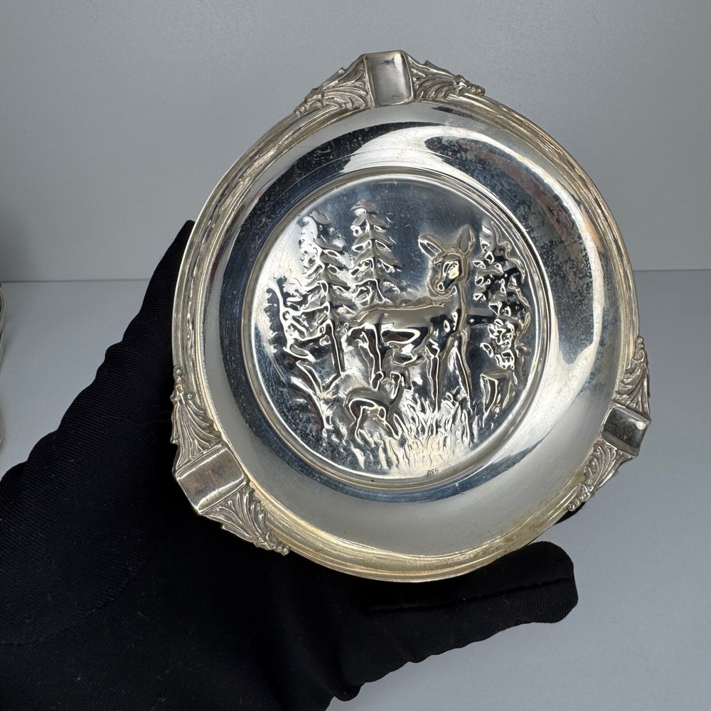 Vintage Solid 830 Silver Ashtray – 57.6g Scandinavian Deer Forest Design