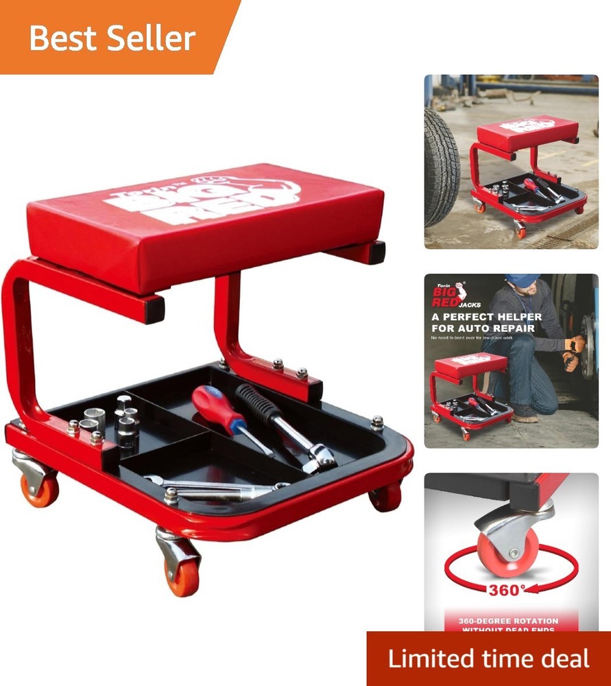 Comfortable Red Rolling Creeper Mechanic Stool with Tool Tray - 250 lbs Capacity