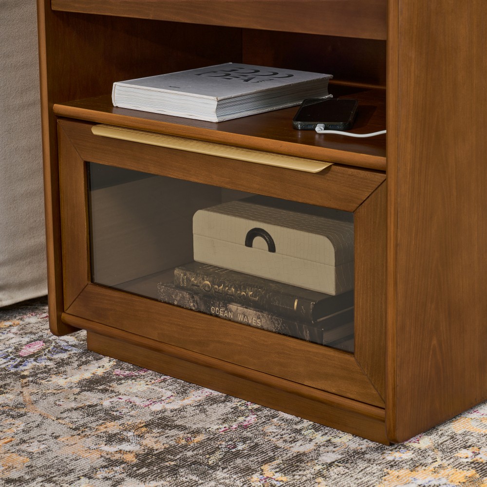 Bedside Table with Charging Station 2 Glass Drawers Features Open Shelving