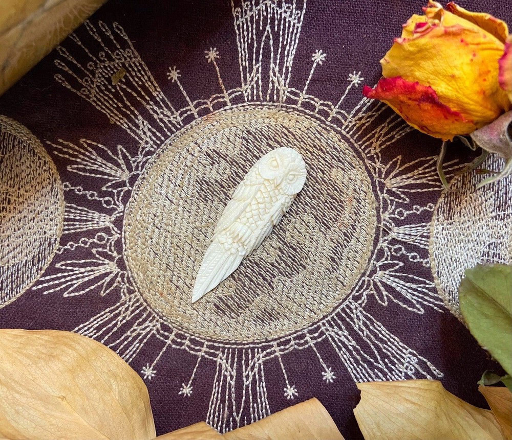 Bovine Bone Owl Carving, Ethically Sourced Cow Bone