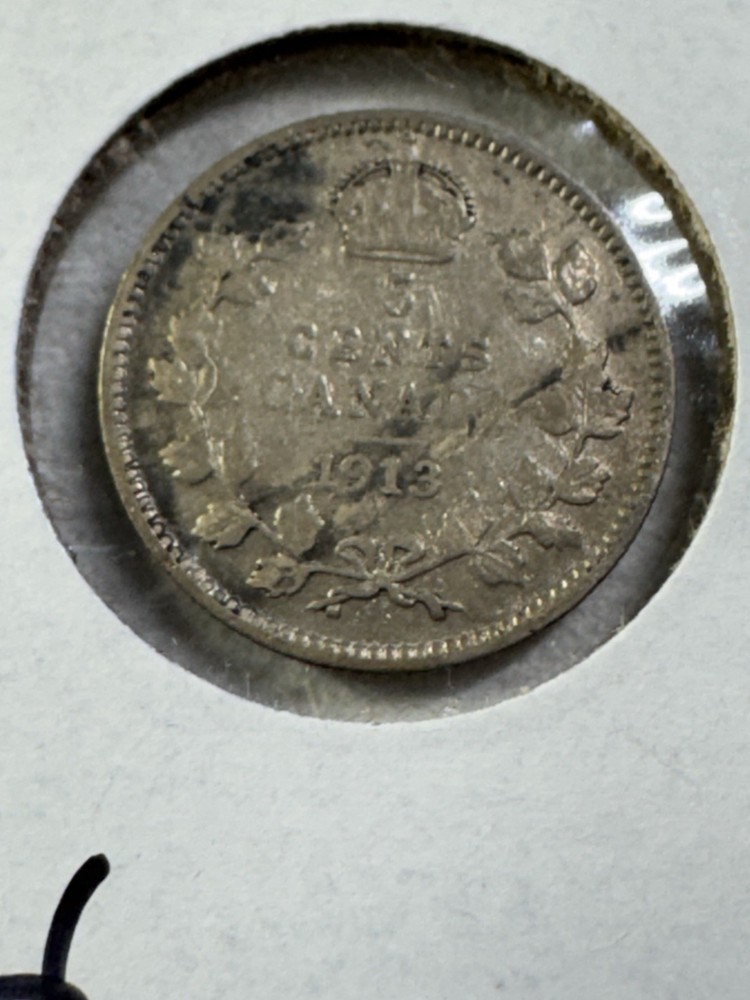 1913 Canada 5 Cents Small Silver Coin Cleaned