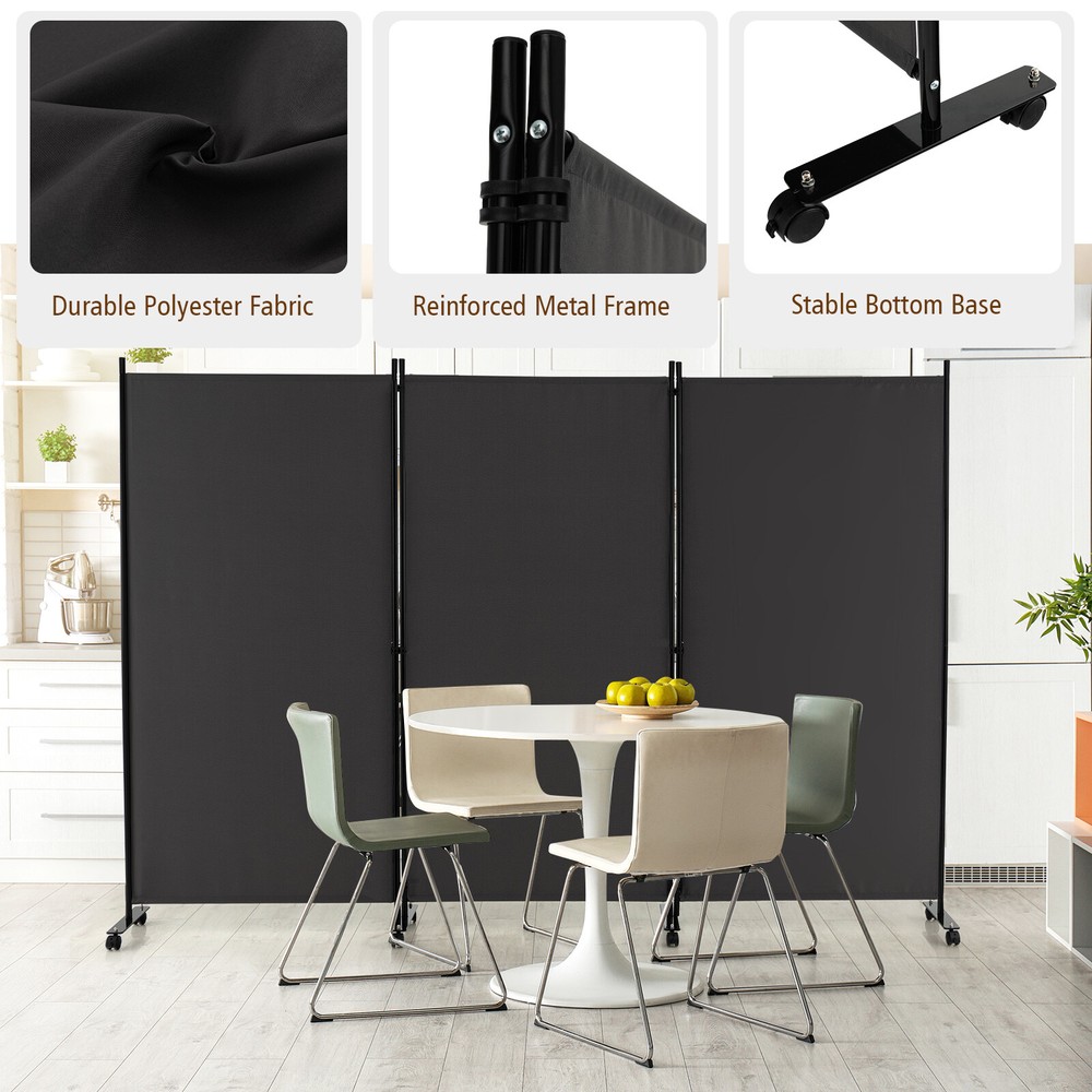 3-Panel Folding Room Divider 6Ft Rolling Privacy Screen w/Lockable Wheels Grey