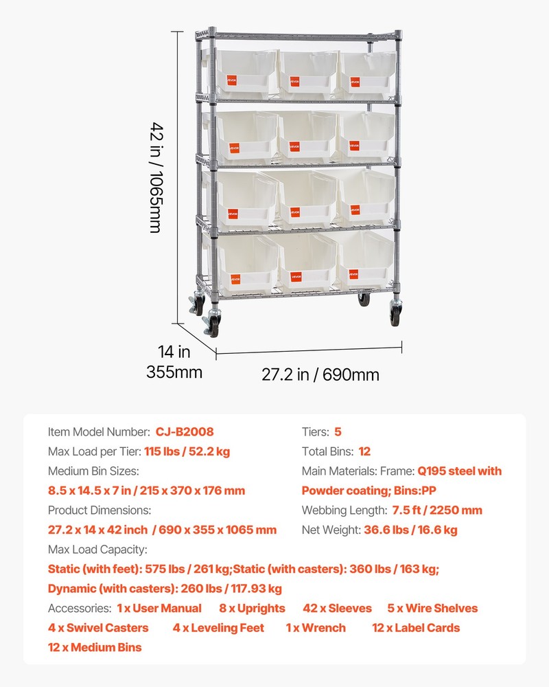 VEVOR Rolling Bin Storage Rack 5-Tier Bin Rack Storage System with 12 Bins