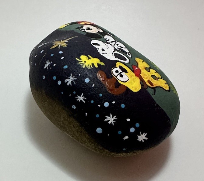 Handmade Handpainted Rock with Cartoon Characters Night Scene