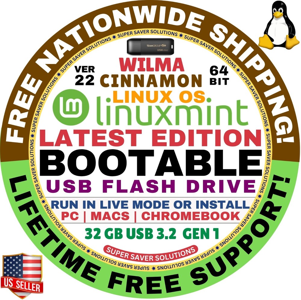 Linux MINT 22 USB WILMA Cinnamon 64-Bit Live Boot, Full Install for MAC, PC