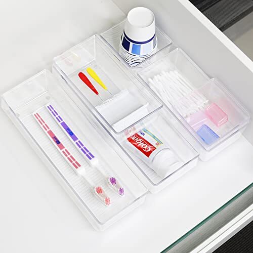 Clear Plastic Desk Drawer Organizers - 6 Pack Assorted/Large