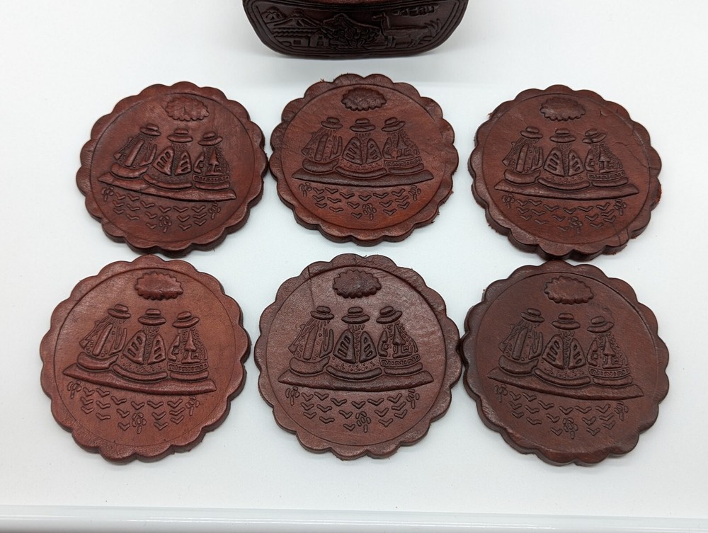 Peruvian Peru Drink Coaster & Holder Leather Tooled Set Of 6 Coasters