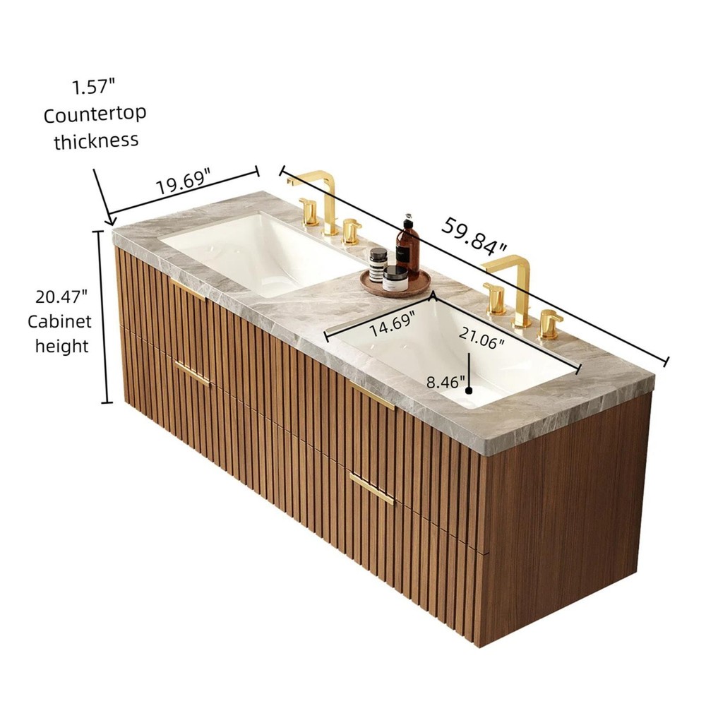 60-Inch Bathroom Vanity with Double Basins, Wall-Mounted Storage
