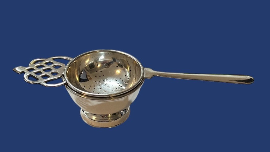 Tea Strainer Spoon with Drip Cup Silver Plated 7" Long Ornate Crown Design