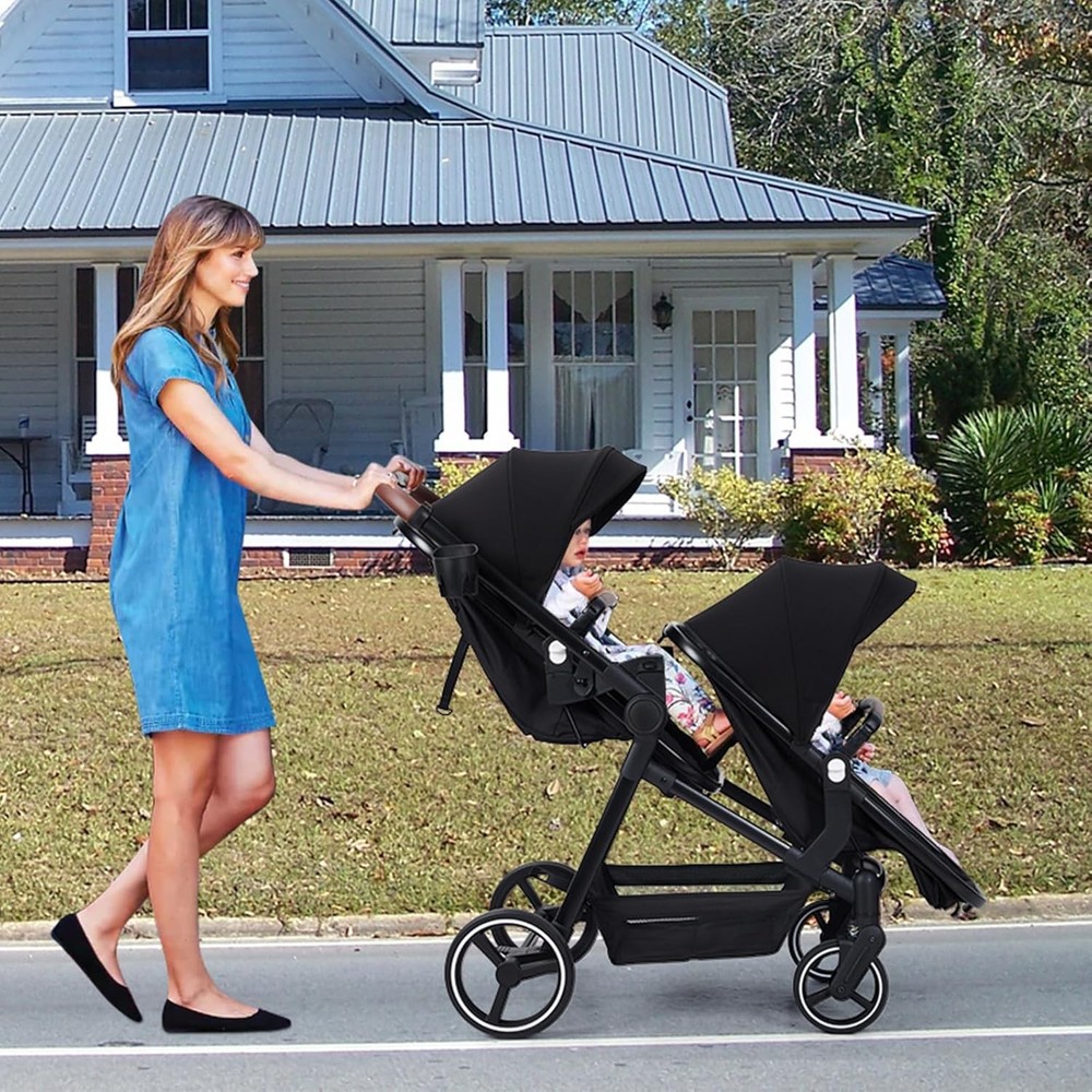 Double Stroller for Infant & Toddler, Reversible Tandem Stroller, One-Hand Fold