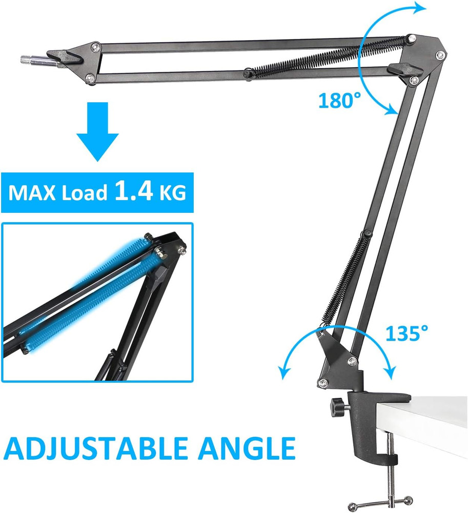 Adjustable Microphone Boom Arm with Pop Filter | Desk Clamp Mic Stand