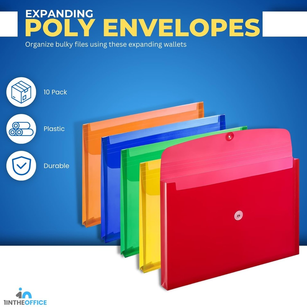 1InTheOffice Poly Envelopes Button & String Closure, Expanding Wallet, Legal ...