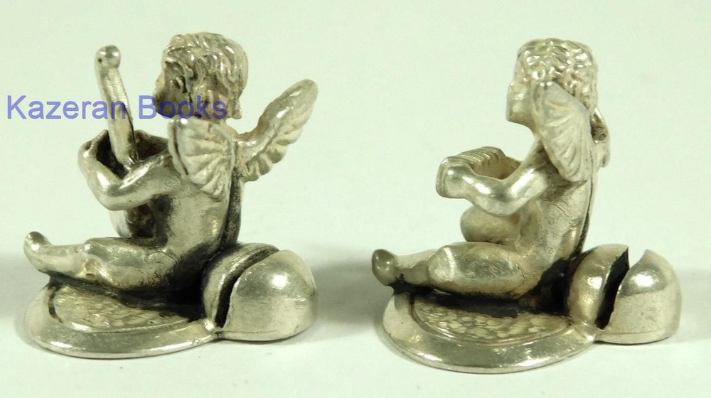 2x Vintage Solid Silver Miniature Cherub Putti Musician Place Menu Holders
