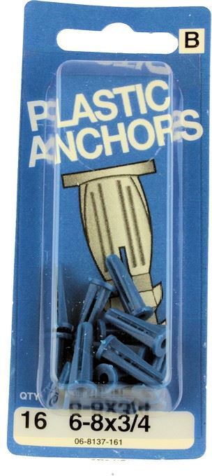 6-8 x 3/4" Plastic Anchors - 16 Pack