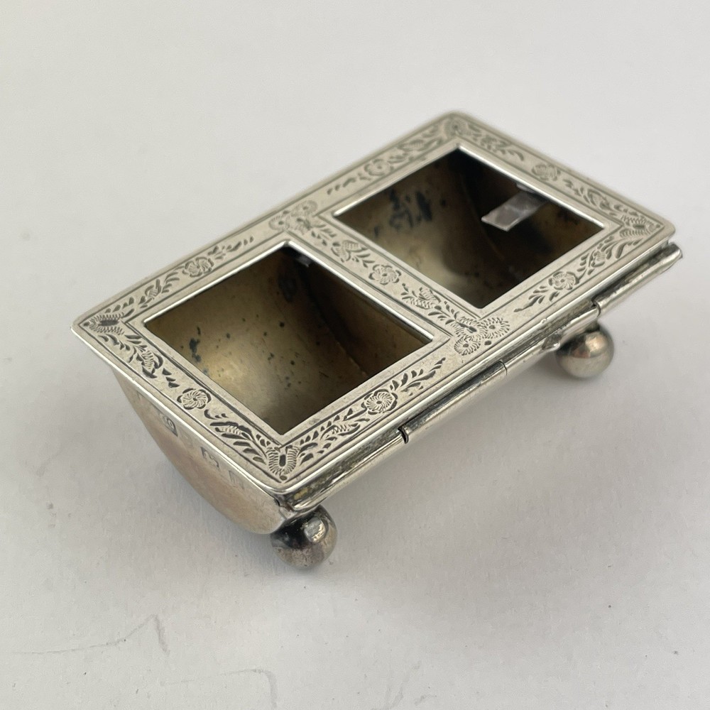 Antique Solid Sterling Silver Double Stamp Case / Box 1909 5.5cm Glass Missing