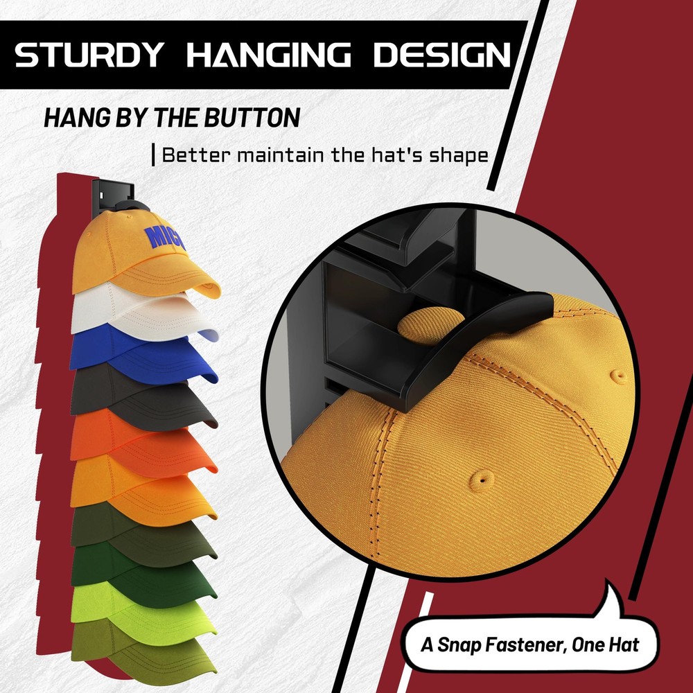 2 Pack Hat Organizer for Wall Holds 20 Baseball Caps Black