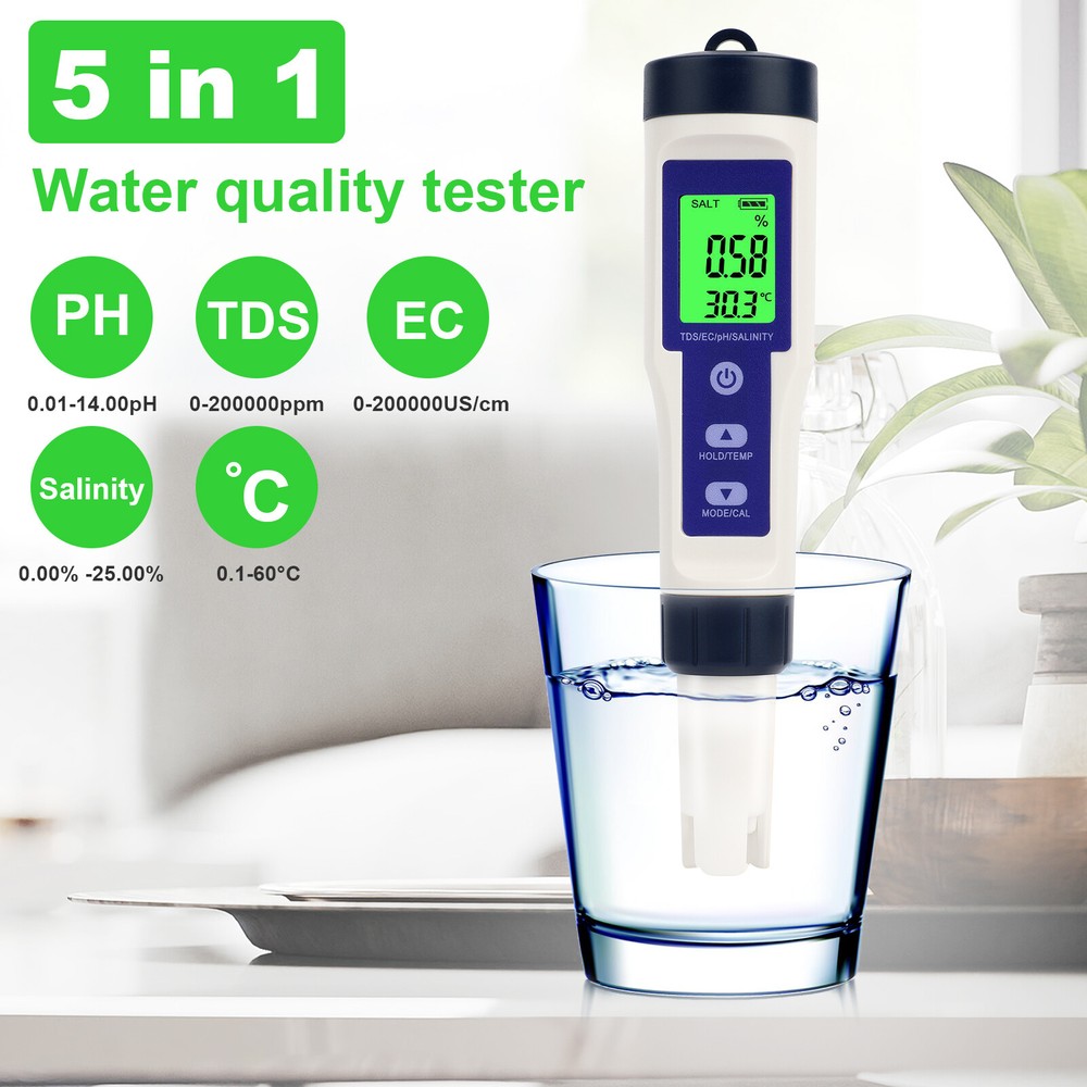 5in1 LCD Digital PH/TDS/EC/Salinity/Temperature Water Quality Meter Tester Tool