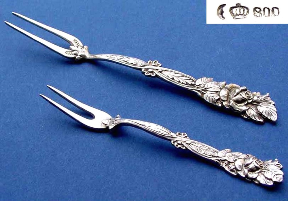 Set, 2 Fork +2 Spoon, Rose Decoration, 800er Silver B714