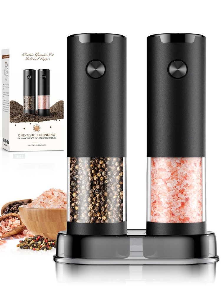 Electric Salt and Pepper Grinder Set Automatic Battery 2 Pack, Black/Black