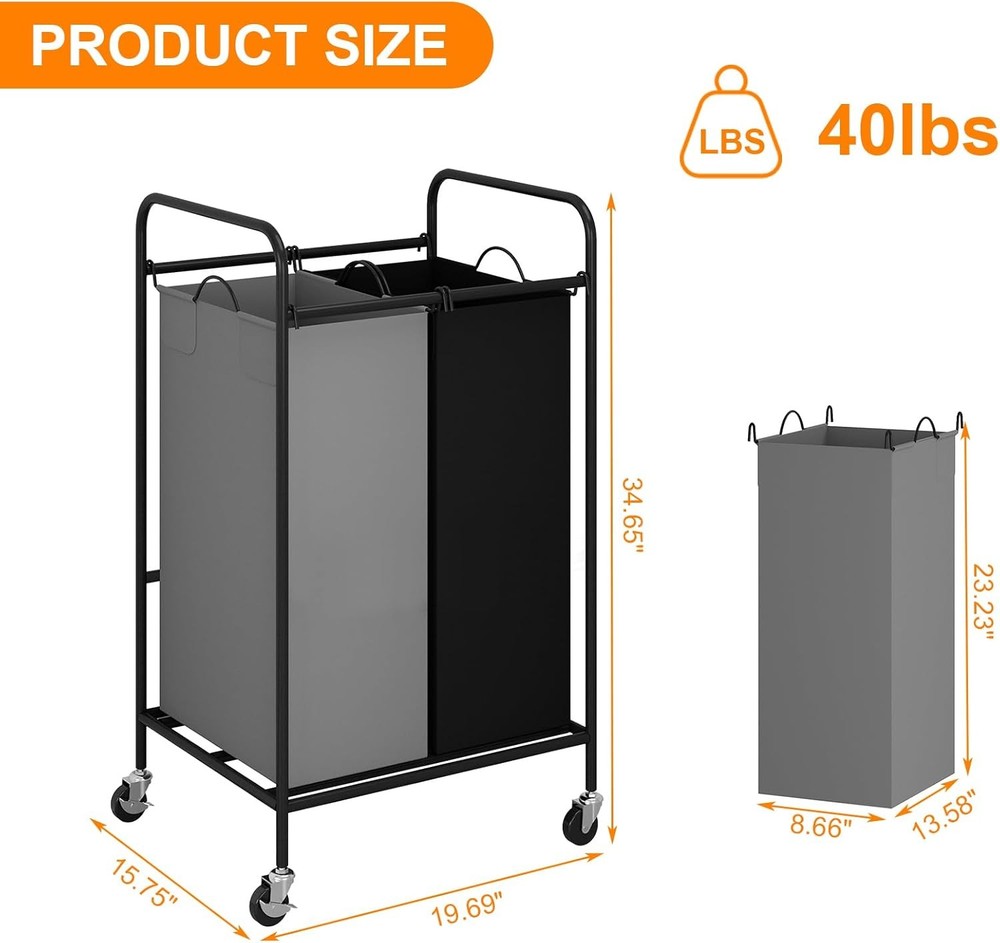 Double Compartment Rolling Laundry Basket w/ Durable Fabric Bags & Smooth Wheels