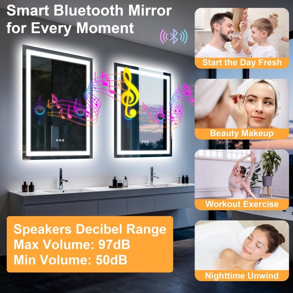 Smart Bluetooth Bathroom Mirror with Double Speakers Backlight Stepless Dimming
