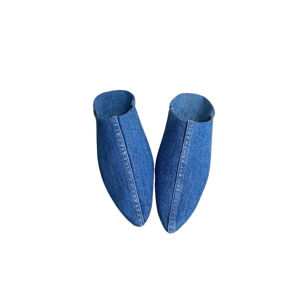 Blue Denim Moroccan Babouches Pointed Toe Leather Lining Handmade