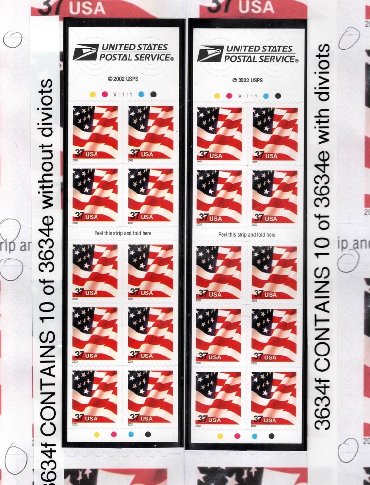 2 Copies 3634f Complete Self Adhesive Pane, 37¢ Flag, With & Without Divots
